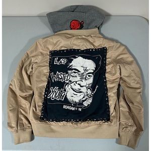 Beige Tan ‘LA’S Wasted Youth’ Punk Band Patch Studded Bomber Jacket Hoodie Coat